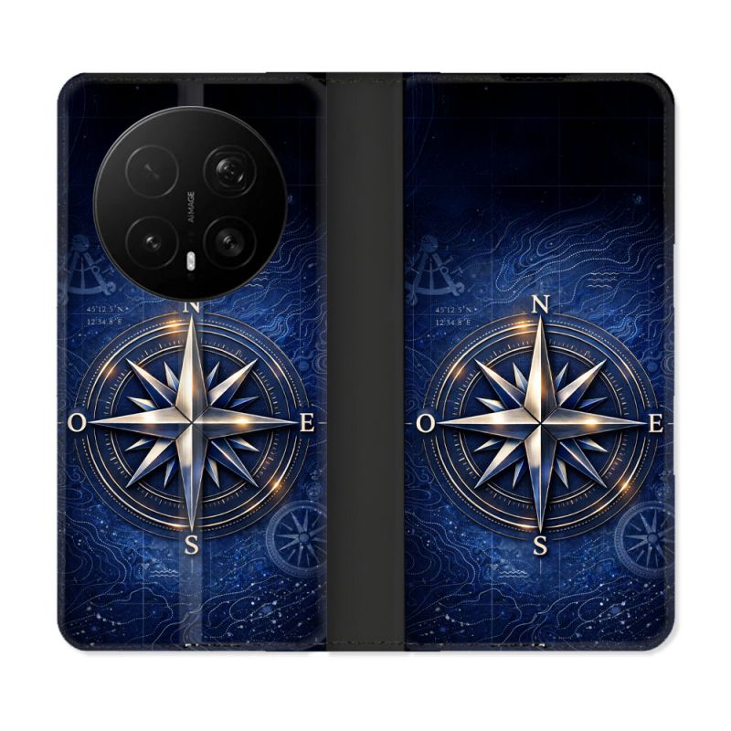 Housse Cuir Portefeuille Pour Honor Magic 8 Pro 5G Voyage Rose des Vents Marine