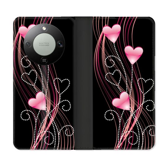 Housse Cuir Portefeuille Pour Honor Magic 8 Lite 5G Amour Coeur Rose Montant sur Noir