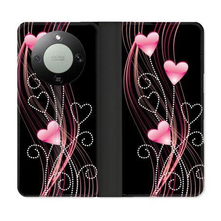 Housse Cuir Portefeuille Pour Honor Magic 8 Lite 5G Amour Coeur Rose Montant sur Noir