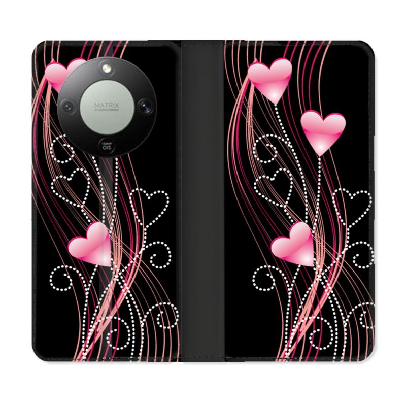Housse Cuir Portefeuille Pour Honor Magic 8 Lite 5G Amour Coeur Rose Montant sur Noir