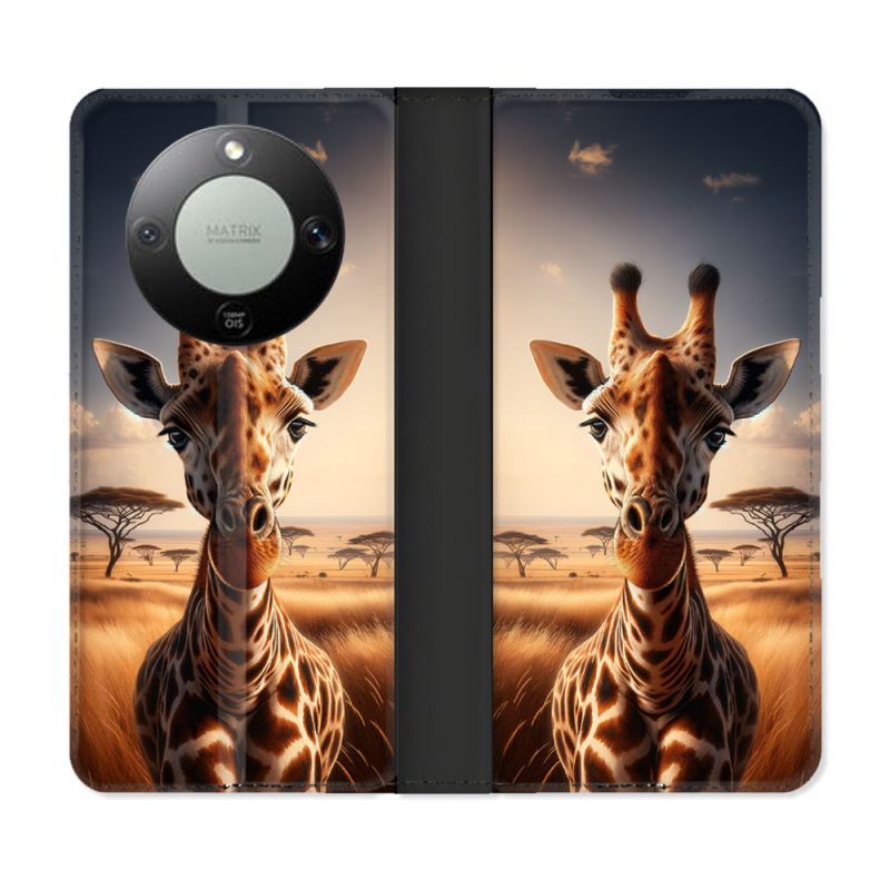 Housse Cuir Portefeuille Pour Honor Magic 8 Lite 5G Animal Girafe Savane