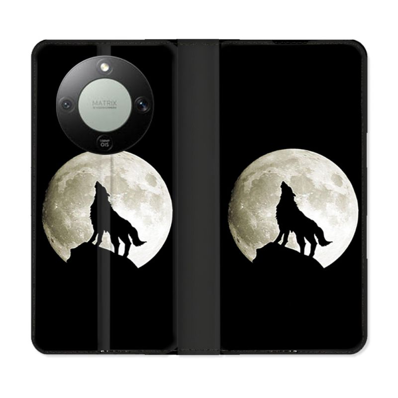 Housse Cuir Portefeuille Pour Honor Magic 8 Lite 5G Animal Loup Noir