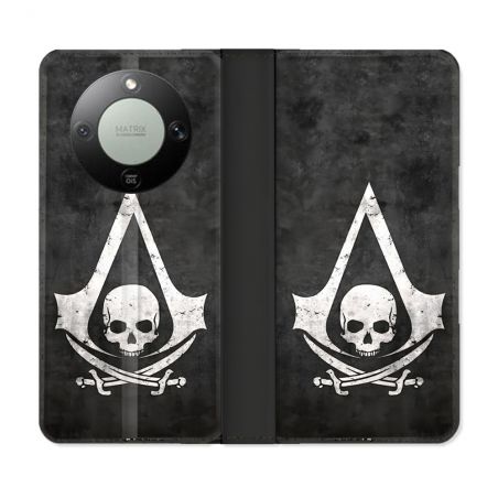 Housse Cuir Portefeuille Pour Honor Magic 8 Lite 5G Assassin Creed Tete Mort