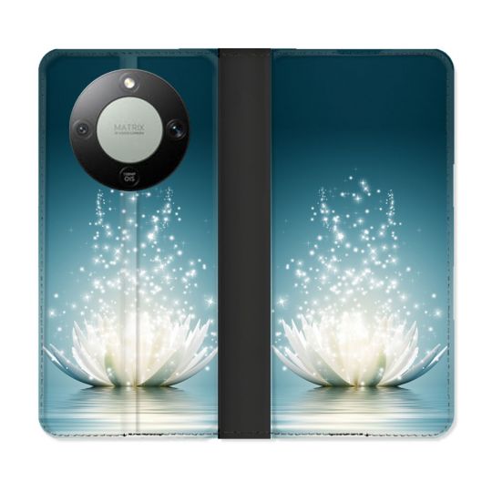 Housse Cuir Portefeuille Pour Honor Magic 8 Lite 5G Fleur Lotus Blanc