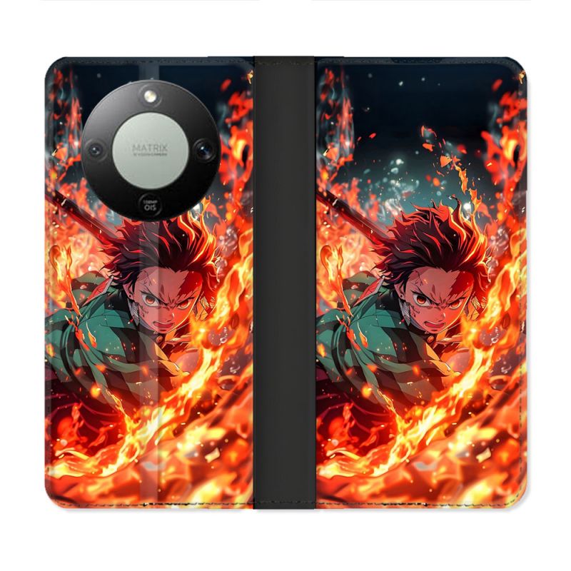 Housse Cuir Portefeuille Pour Honor Magic 8 Lite 5G Manga Demon Slayer Tanjiro Feu