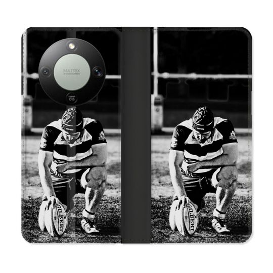 Housse Cuir Portefeuille Pour Honor Magic 8 Lite 5G Sport Rugby Noir Blanc