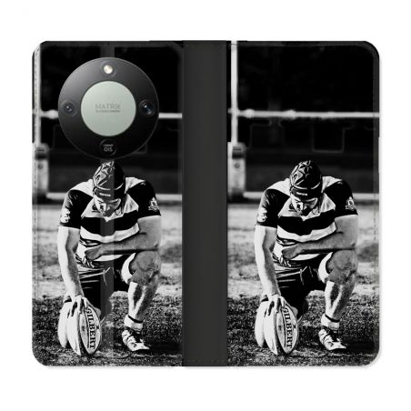 Housse Cuir Portefeuille Pour Honor Magic 8 Lite 5G Sport Rugby Noir Blanc