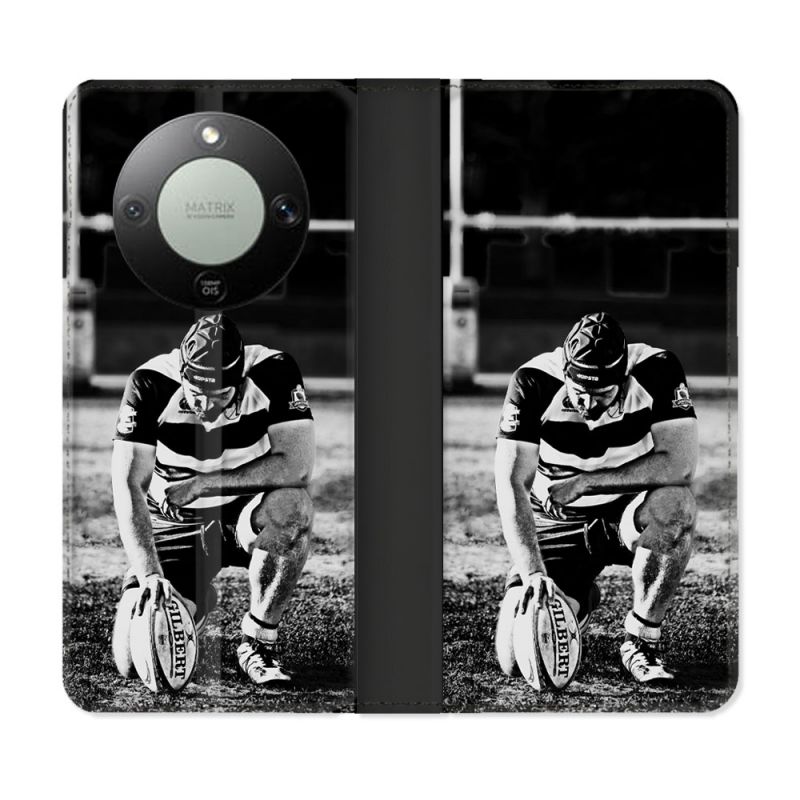 Housse Cuir Portefeuille Pour Honor Magic 8 Lite 5G Sport Rugby Noir Blanc