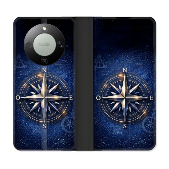 Housse Cuir Portefeuille Pour Honor Magic 8 Lite 5G Voyage Rose des Vents Marine