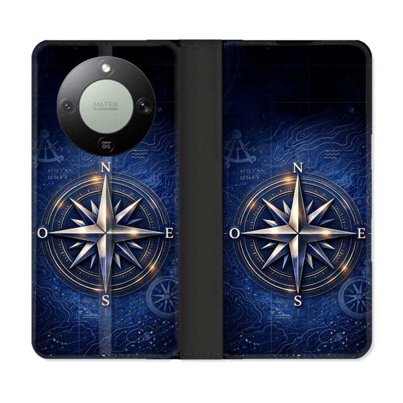 Housse Cuir Portefeuille Pour Honor Magic 8 Lite 5G Voyage Rose des Vents Marine