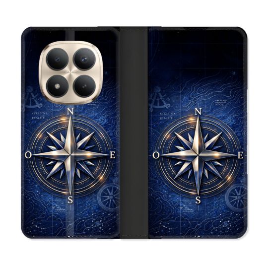 Housse Cuir Portefeuille Pour Xiaomi Redmi Note 15 Pro Plus 5G Voyage Rose des Vents Marine