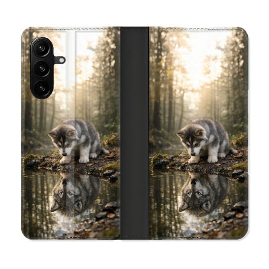 Housse Cuir Portefeuille Pour Samsung Galaxy A27 5G Animal Loup Reflet