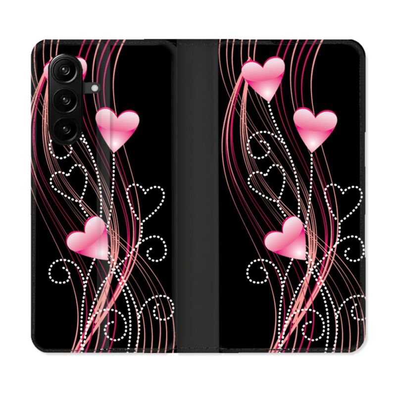 Housse Cuir Portefeuille Pour Samsung Galaxy A37 5G Amour Coeur Rose Montant sur Noir