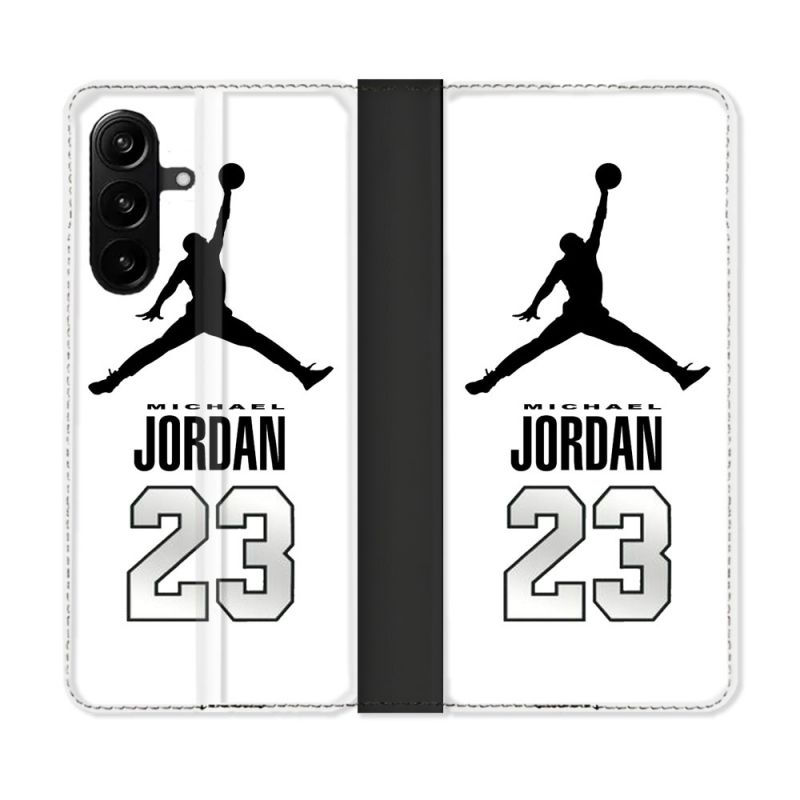 Housse Cuir Portefeuille Pour Samsung Galaxy A27 5G Jordan 23 Blanc