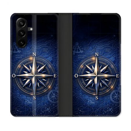 Housse Cuir Portefeuille Pour Samsung Galaxy A37 5G Voyage Rose des Vents Marine