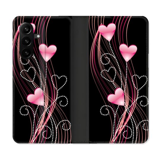 Housse Cuir Portefeuille Pour Samsung Galaxy A57 5G Amour Coeur Rose Montant sur Noir