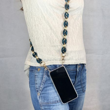 Coque Pour Iphone 16e avec Lanière / Cordon Anneaux Bleu et Or