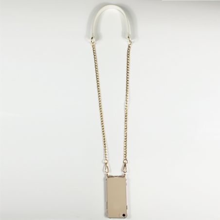 Coque Pour Iphone 16e avec Lanière / Cordon Chaine et Cuir Blanc