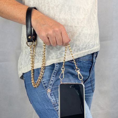 Coque Pour Iphone 16e avec Lanière / Cordon Chaine et Cuir Noir