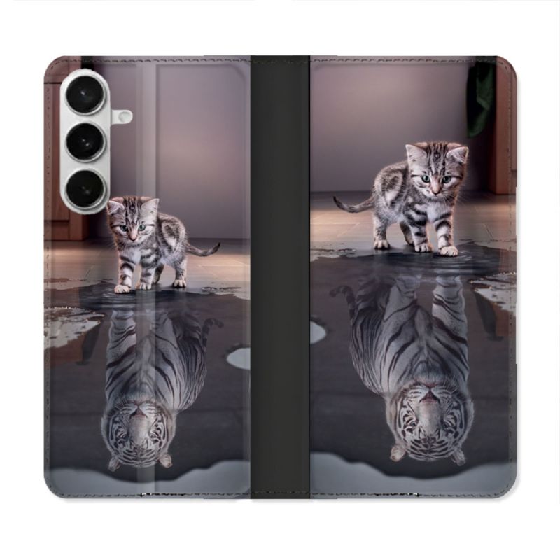 Housse cuir portefeuille Pour Samsung Galaxy S26 Animal Chat Reflet