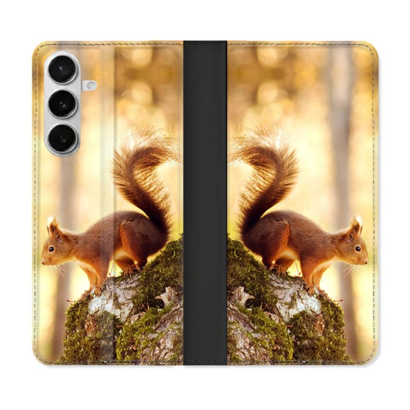 Housse cuir portefeuille Pour Samsung Galaxy S26 Animal Ecureuil Bois