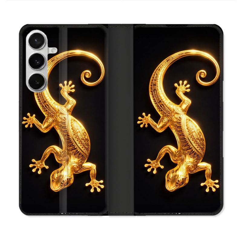 Housse cuir portefeuille Pour Samsung Galaxy S26 Animal Lezard Noir 2026