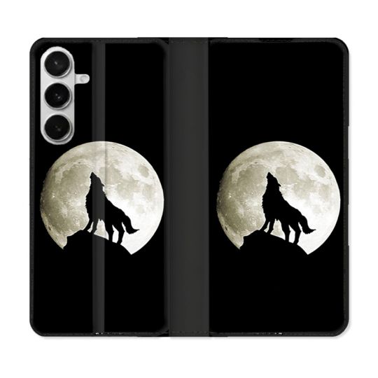 Housse cuir portefeuille Pour Samsung Galaxy S26 Animal Loup Noir