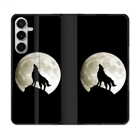 Housse cuir portefeuille Pour Samsung Galaxy S26 Animal Loup Noir