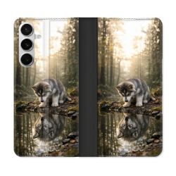 Housse cuir portefeuille Pour Samsung Galaxy S26 Animal Loup Reflet