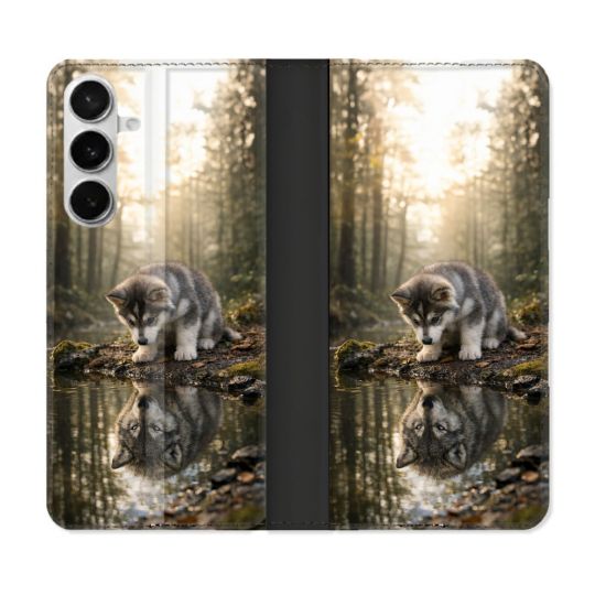 Housse cuir portefeuille Pour Samsung Galaxy S26 Animal Loup Reflet