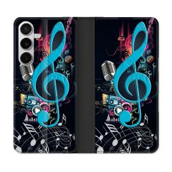 Housse cuir portefeuille Pour Samsung Galaxy S26 Musique Cle Sol Bleu