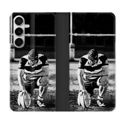 Housse cuir portefeuille Pour Samsung Galaxy S26 Sport Rugby Noir Blanc
