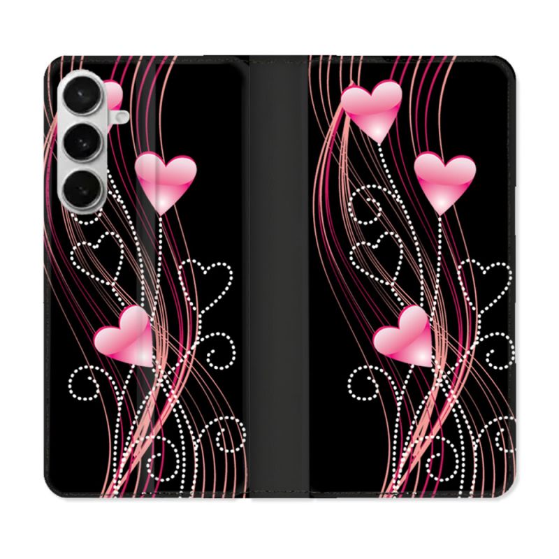 Housse cuir portefeuille Pour Samsung Galaxy S26 Plus Amour Coeur Rose Montant sur Noir
