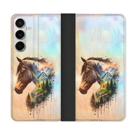 Housse cuir portefeuille Pour Samsung Galaxy S26 Plus Animal Cheval Montagne