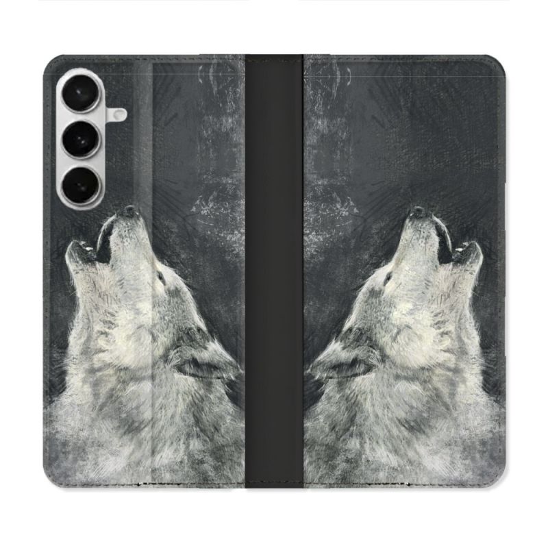 Housse cuir portefeuille Pour Samsung Galaxy S26 Plus Animal Loup Hurlement