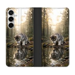 Housse cuir portefeuille Pour Samsung Galaxy S26 Plus Animal Loup Reflet