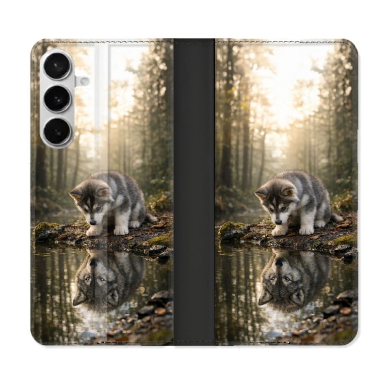 Housse cuir portefeuille Pour Samsung Galaxy S26 Plus Animal Loup Reflet