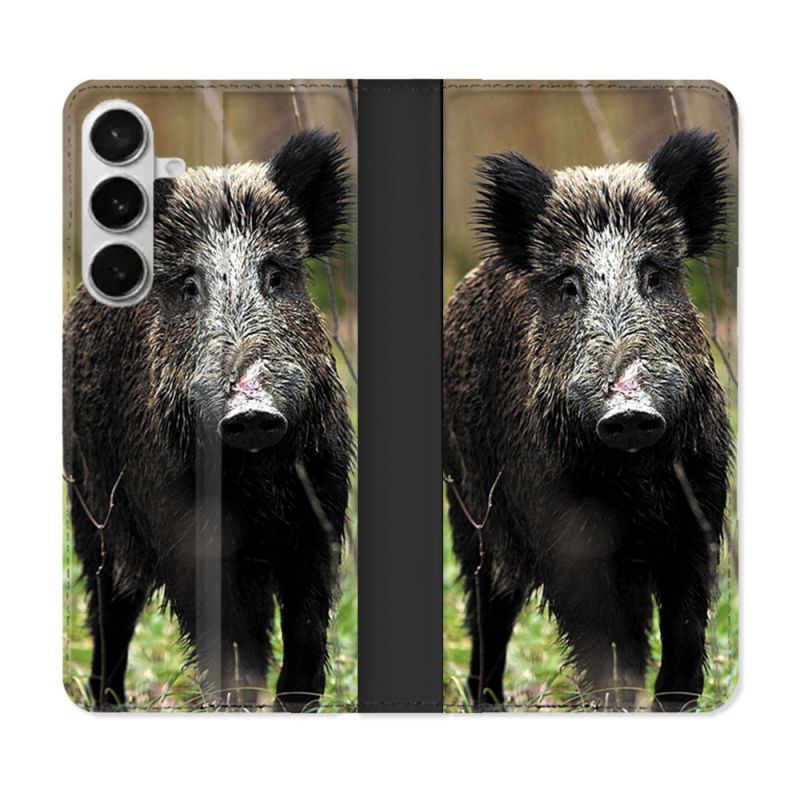 Housse cuir portefeuille Pour Samsung Galaxy S26 Plus Chasse Sanglier bois