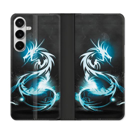Housse cuir portefeuille Pour Samsung Galaxy S26 Plus Fantastique Dragon Bleu