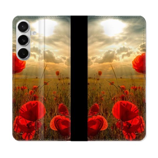 Housse cuir portefeuille Pour Samsung Galaxy S26 Plus Fleur Coquelicot