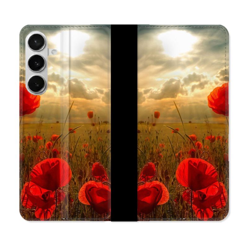 Housse cuir portefeuille Pour Samsung Galaxy S26 Plus Fleur Coquelicot
