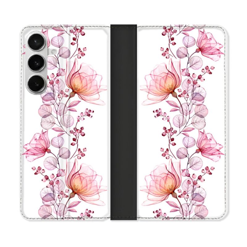 Housse cuir portefeuille Pour Samsung Galaxy S26 Plus Fleur Eclosion