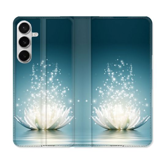 Housse cuir portefeuille Pour Samsung Galaxy S26 Plus Fleur Lotus Blanc