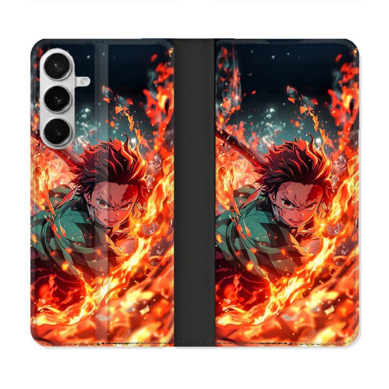 Housse cuir portefeuille Pour Samsung Galaxy S26 Plus Manga Demon Slayer Tanjiro Feu