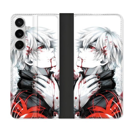 Housse cuir portefeuille Pour Samsung Galaxy S26 Plus Manga Tokyo Ghoul Kaneki Blanc