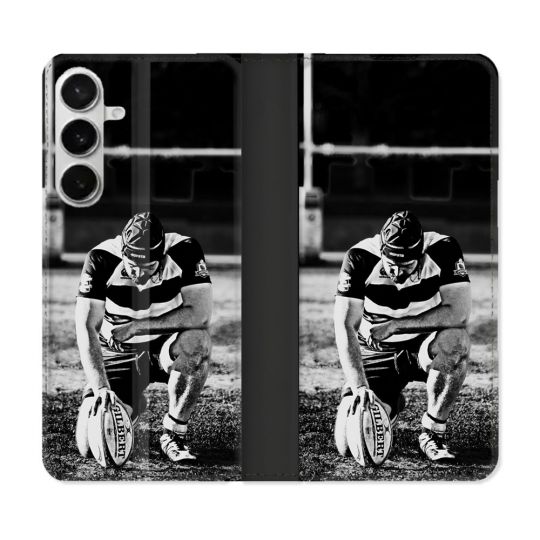 Housse cuir portefeuille Pour Samsung Galaxy S26 Plus Sport Rugby Noir Blanc