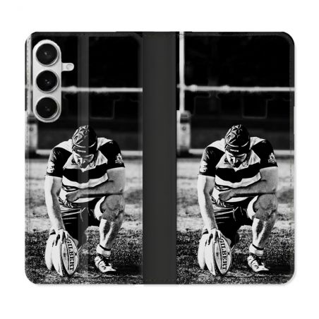 Housse cuir portefeuille Pour Samsung Galaxy S26 Plus Sport Rugby Noir Blanc