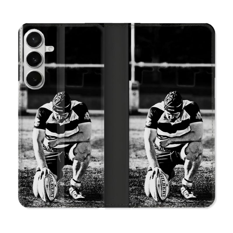 Housse cuir portefeuille Pour Samsung Galaxy S26 Plus Sport Rugby Noir Blanc