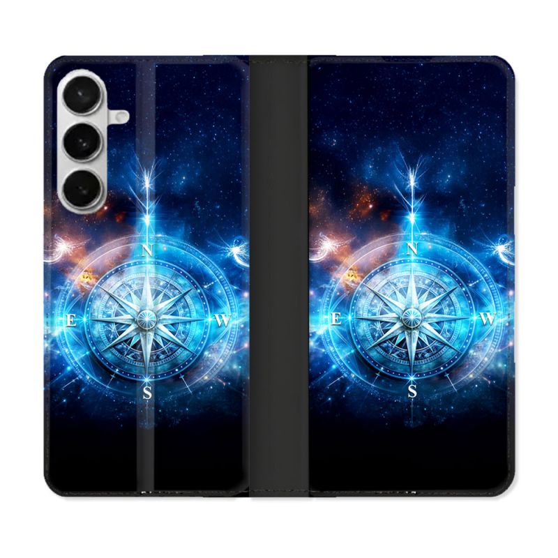 Housse cuir portefeuille Pour Samsung Galaxy S26 Plus Voyage Rose des Vents Stellaire