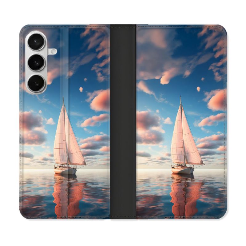 Housse cuir portefeuille Pour Samsung Galaxy S26 Plus Voyage Voilier Reflet